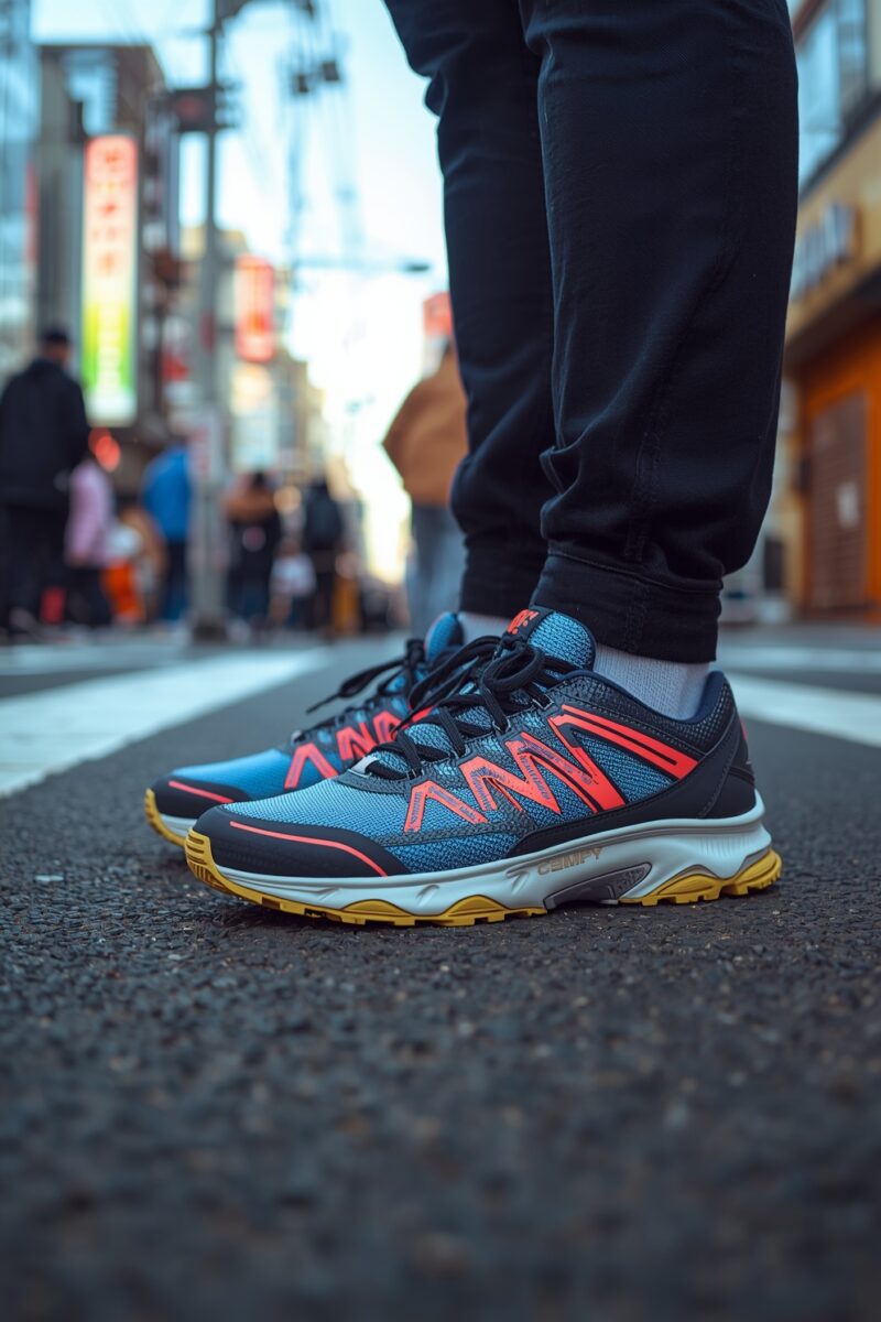 Person wearing blue, red, and black sneakers with yellow outsole standing on urban street in Japan