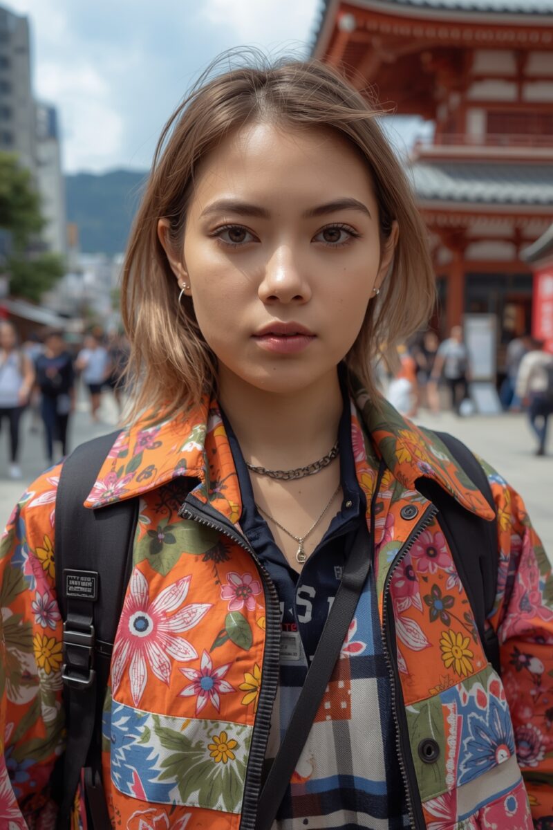 Young woman in colorful floral jacket with backpack standing in front of a Japanese temple