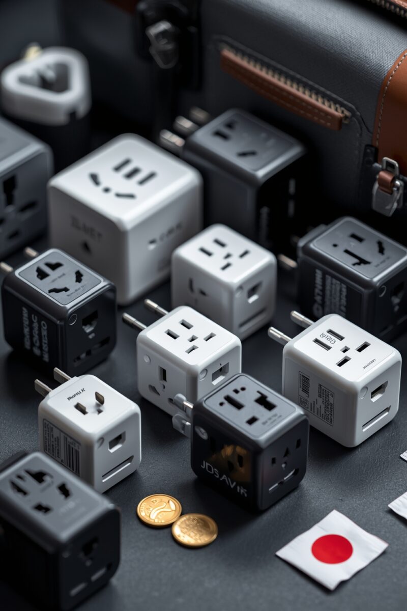 Collection of universal travel power adapters in white, gray, and black with Japanese yen coins and flag on dark surface