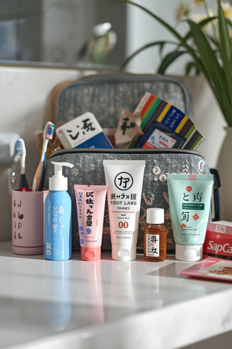 Travel toiletry bag with Japanese-labeled skincare products, tubes, bottles, and toothbrushes on white bathroom counter