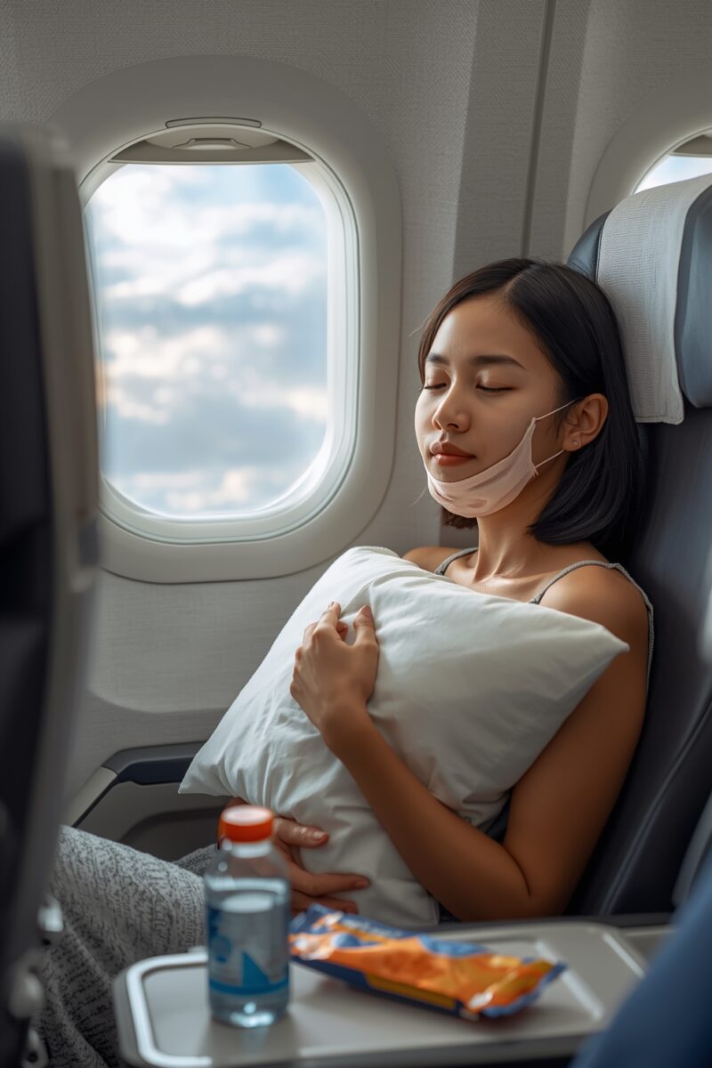 Young woman sleeping on airplane seat hugging white pillow with face mask pulled down, window seat view with clouds