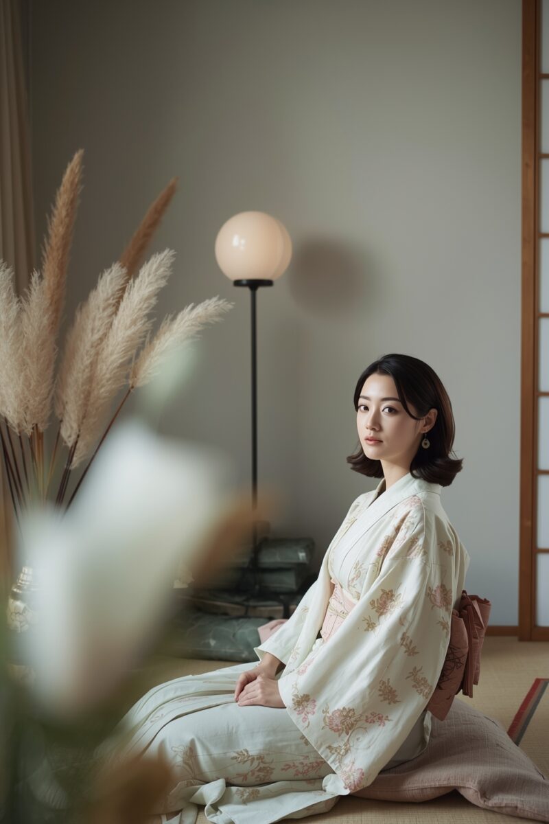 Woman in white floral kimono sitting serenely in a minimalist Japanese-inspired room with pampas grass and globe lamp
