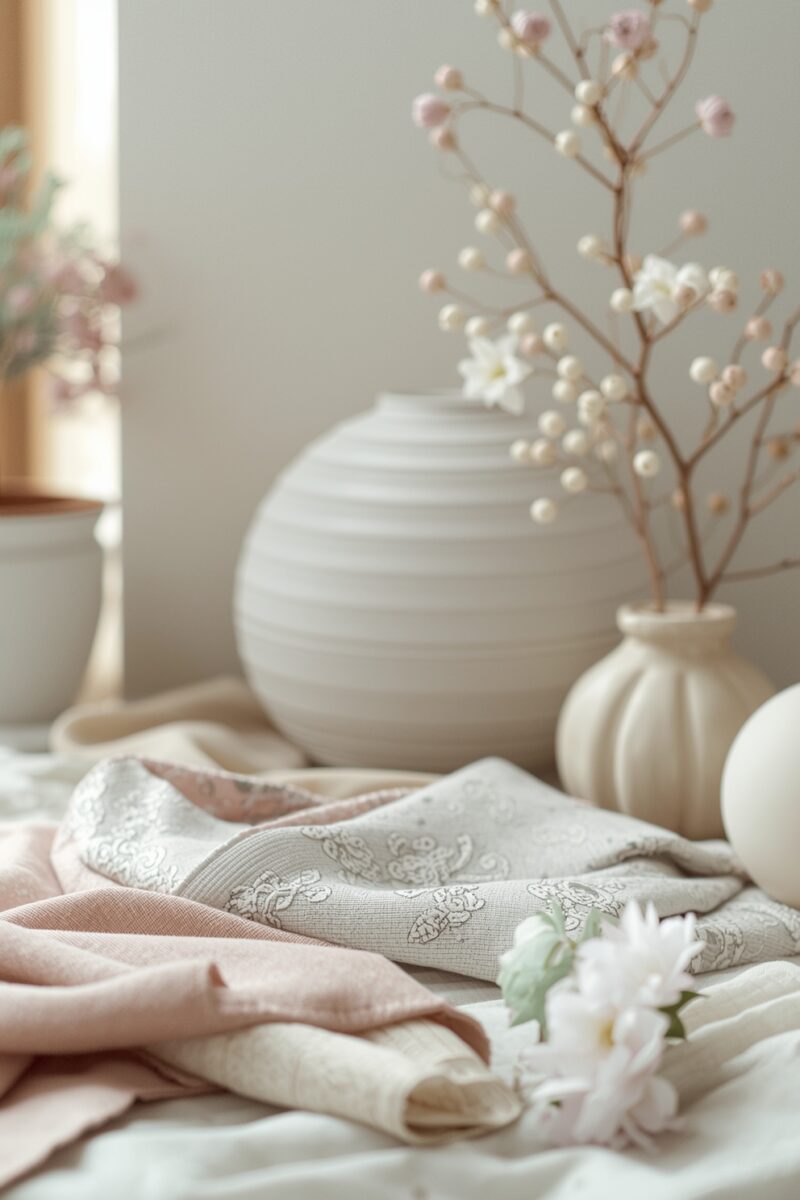 Soft white ceramic vases with dried berry branches, lace fabric, and pink flowers in a cozy pastel styled flat lay