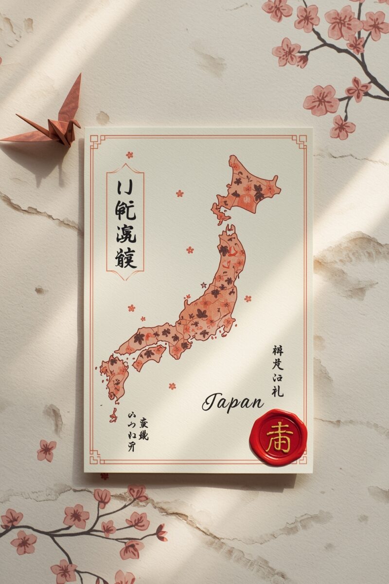 Decorative Japan map postcard with cherry blossom motifs, Japanese calligraphy, red wax seal, and origami crane