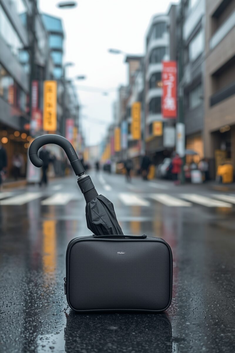 Black briefcase with folded umbrella on wet Japanese city street with colorful shop banners in background