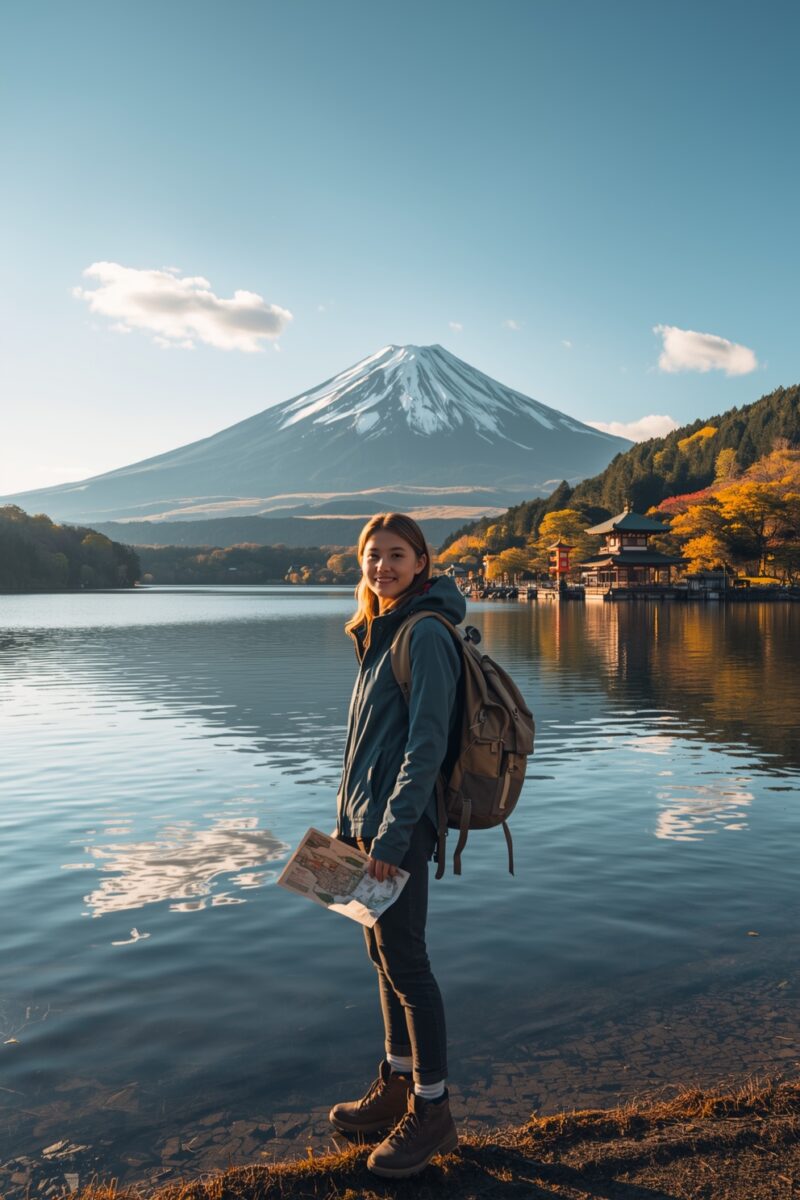 Young female traveler with backpack and map standing by lake with Mount Fuji and Japanese pagoda in autumn background