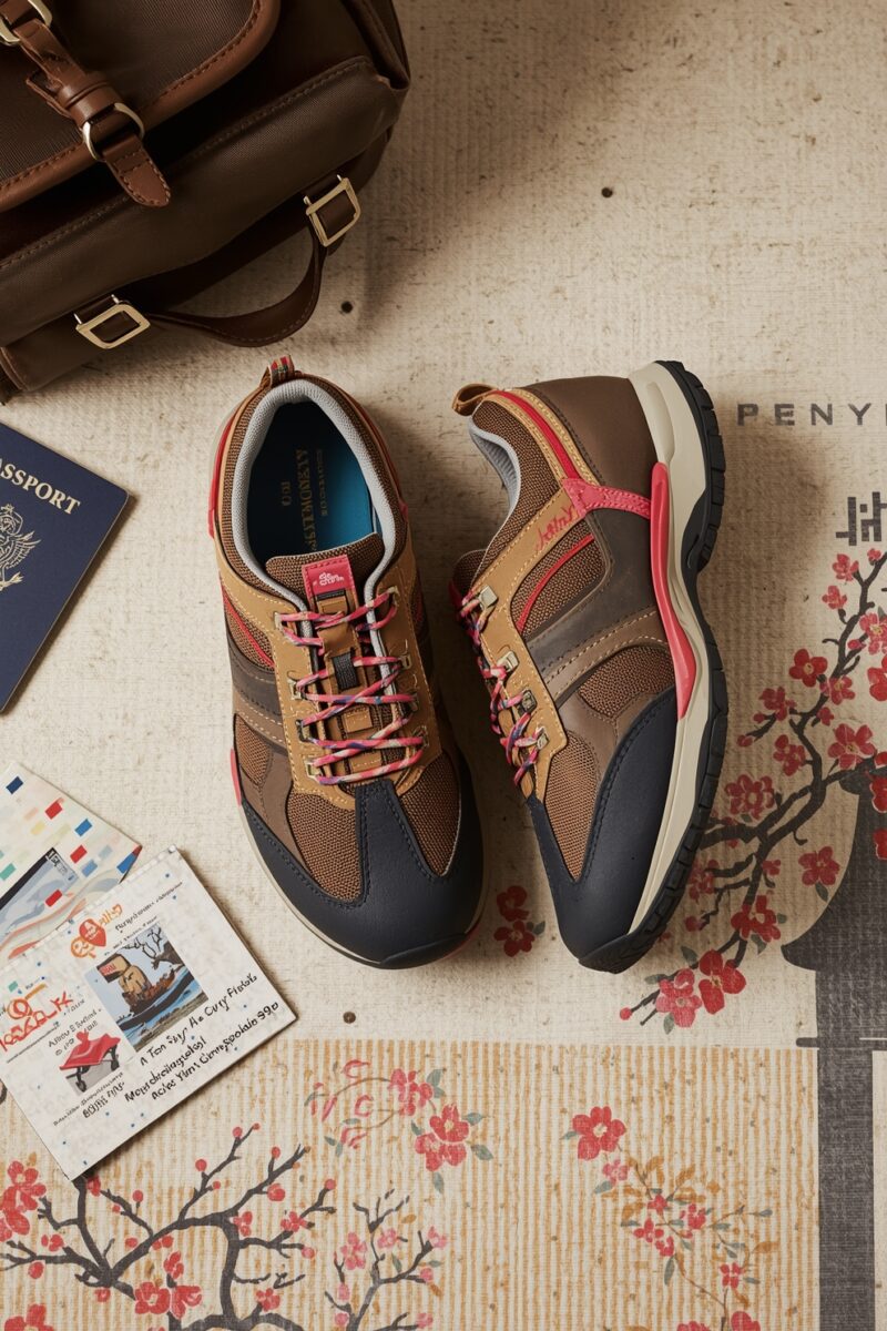Brown and tan hiking sneakers with red laces displayed alongside passport, leather travel bag, and postcards on cherry blossom surface