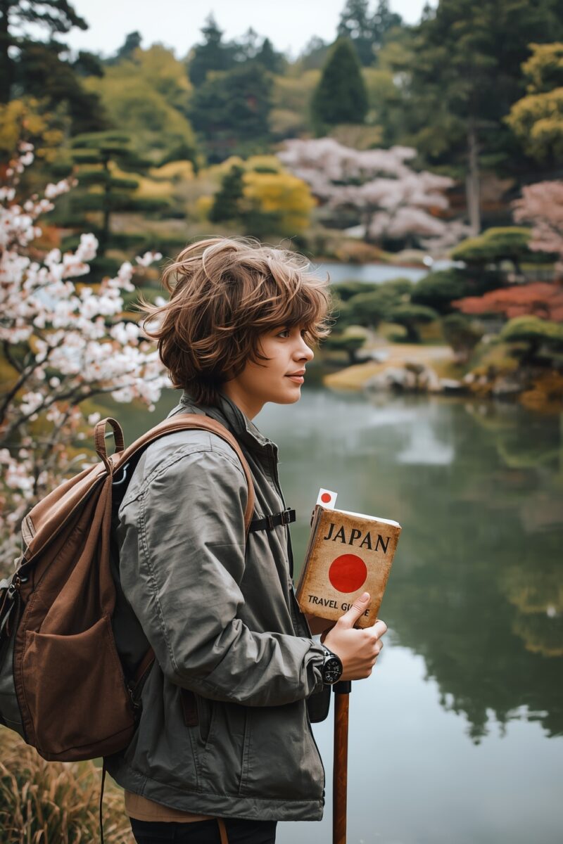 Young traveler holding a Japan Travel Guide book in a Japanese garden with cherry blossoms and a koi pond