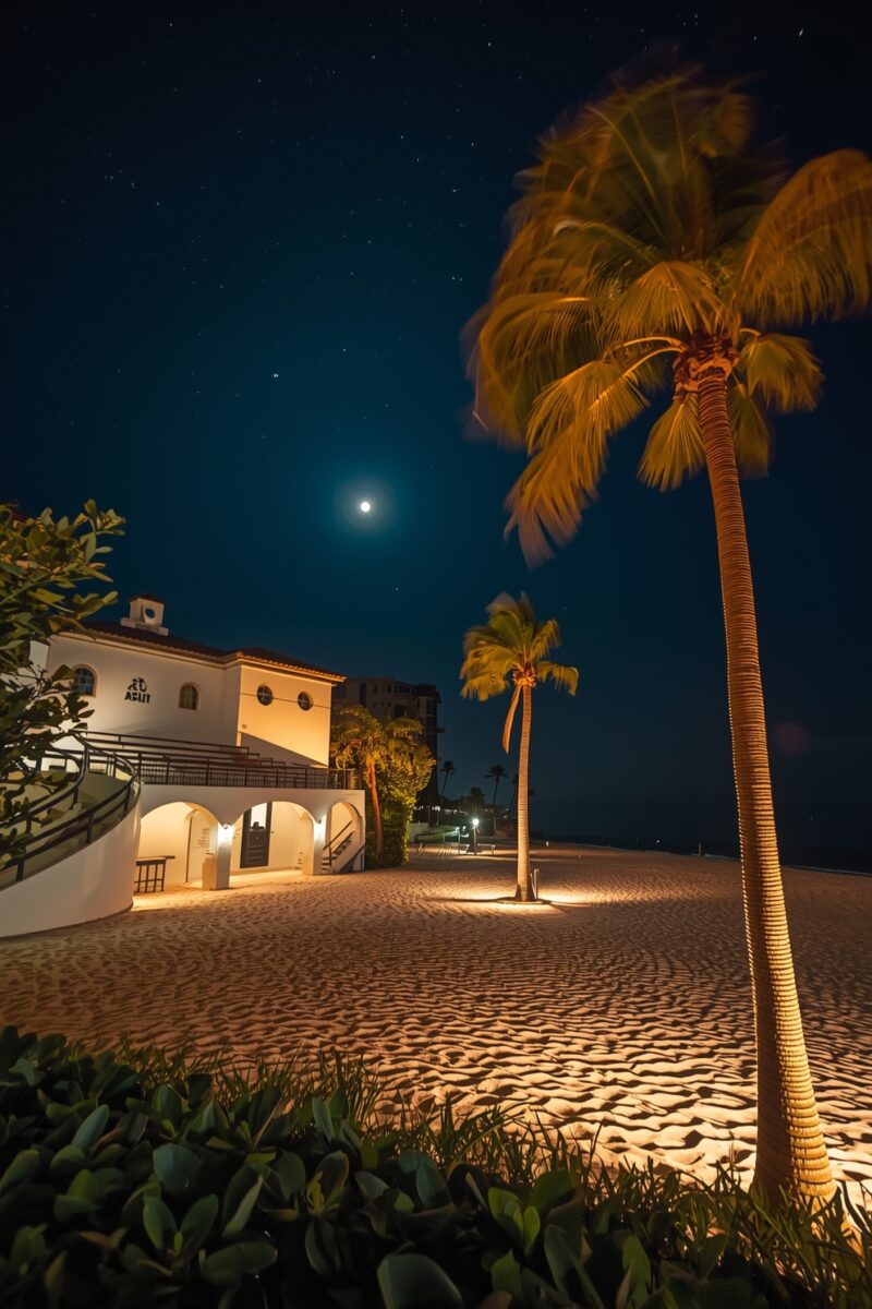 Moonlit beach at night with illuminated palm trees and white Mediterranean-style building on sandy shore
