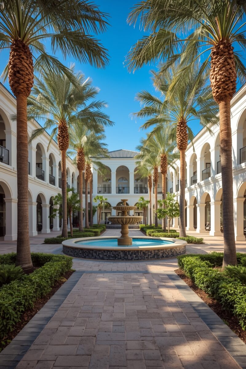 Elegant Mediterranean-style courtyard with palm trees, central tiered fountain, white arched buildings, and manicured hedges