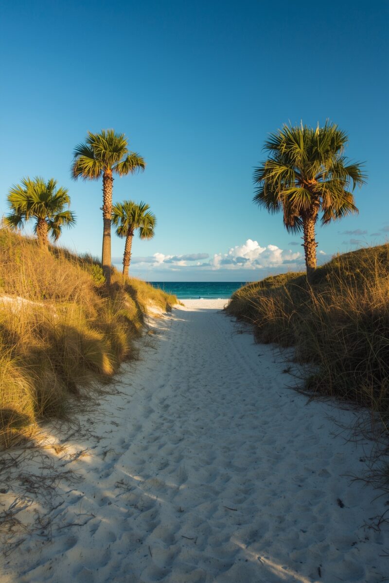 Sandy beach path flanked by palm trees and grass-covered dunes leading to turquoise ocean under blue sky