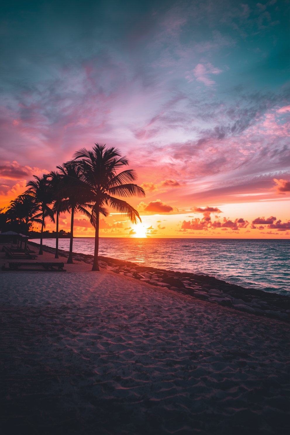 Tropical beach sunset with silhouetted palm trees, rocky shoreline, and vibrant orange-pink sky over calm ocean