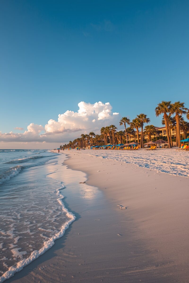 White sand beach with gentle waves, colorful beach chairs, palm trees, and resort buildings under a blue sky