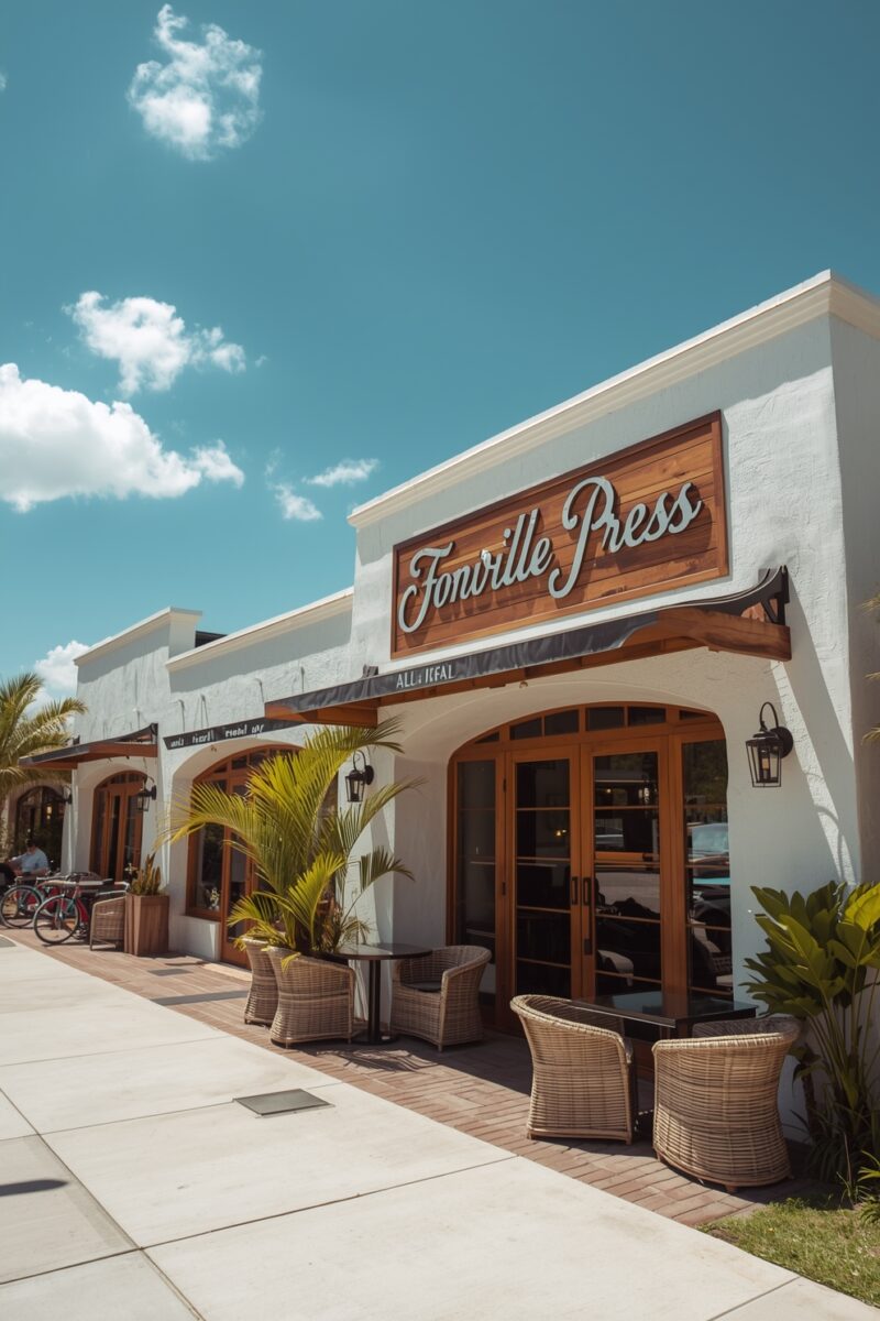 Fonville Press restaurant exterior with white stucco walls, wooden signage, wicker outdoor seating, and tropical plants