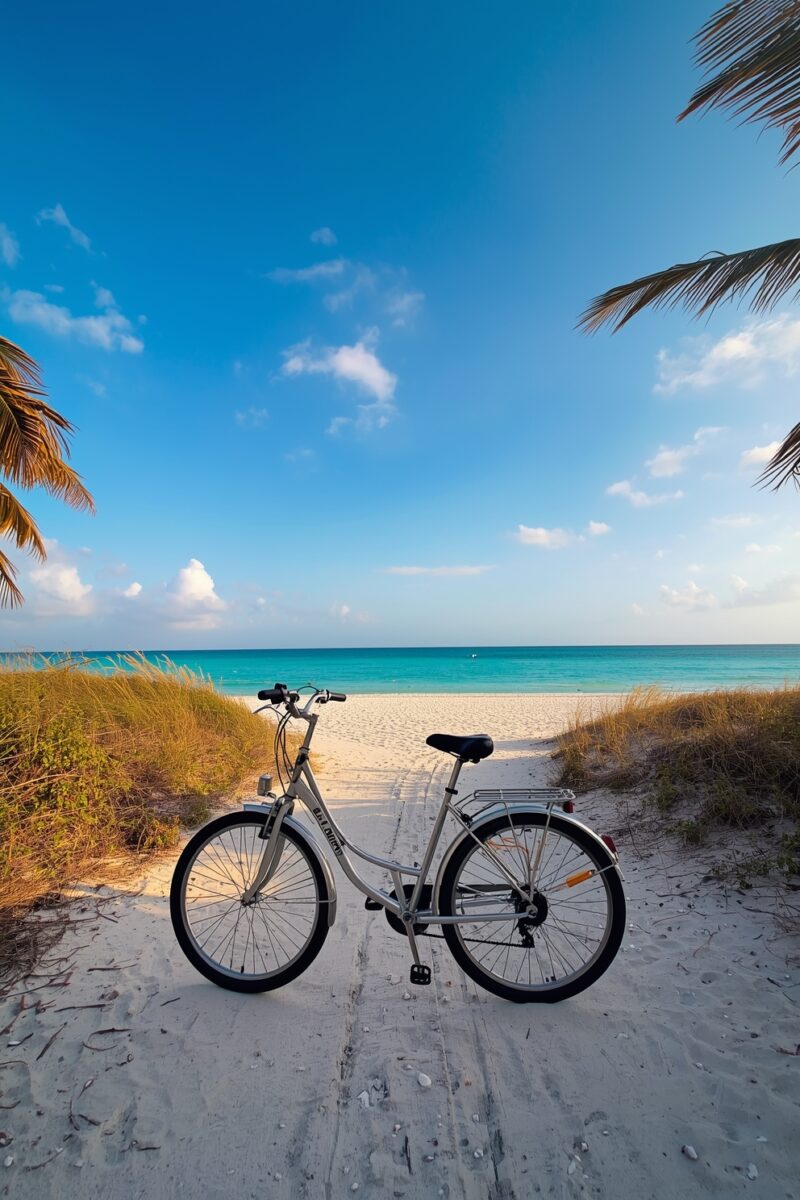 Silver cruiser bicycle parked on sandy beach path with turquoise ocean, white sand, and palm trees