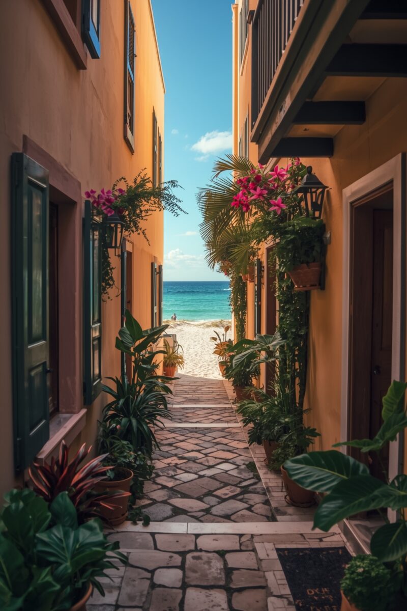 Narrow cobblestone alley lined with tropical plants and orange buildings opening to a turquoise beach