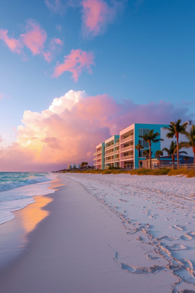White sand beach at sunset with pastel-colored beachfront hotel, palm trees, and pink clouds over turquoise water