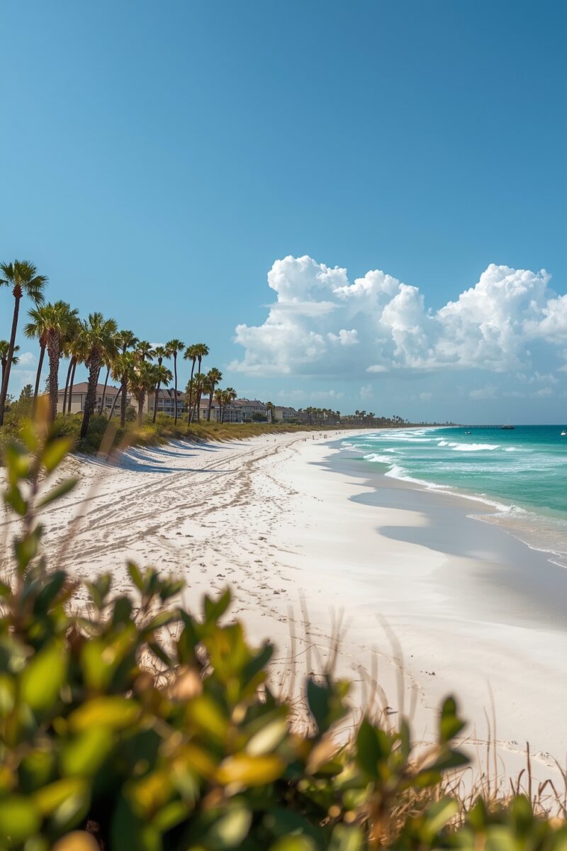 White sand beach with turquoise water, palm trees, and beachfront buildings under a clear blue sky