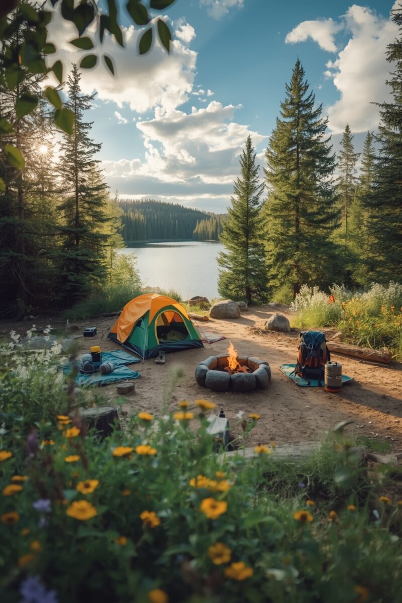 Orange and green dome tent beside a campfire ring near a forest lake with pine trees and wildflowers