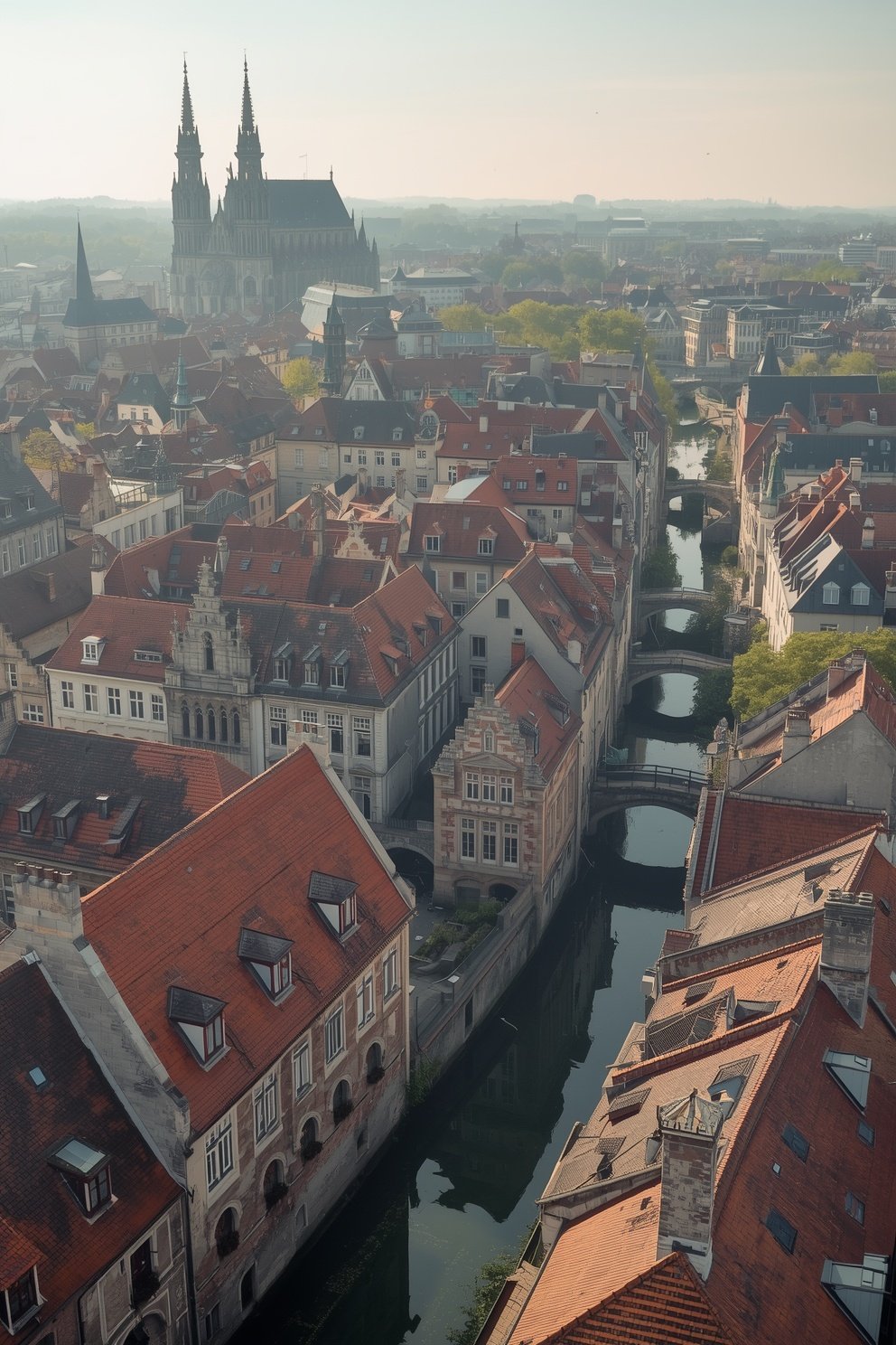 Aerial view of a historic European city with red-tiled rooftops, stone canal bridges, and a Gothic cathedral spire