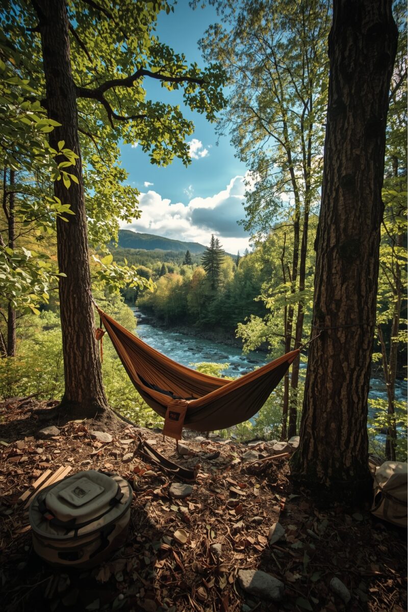 Orange hammock strung between trees overlooking a turquoise river and forested mountain landscape