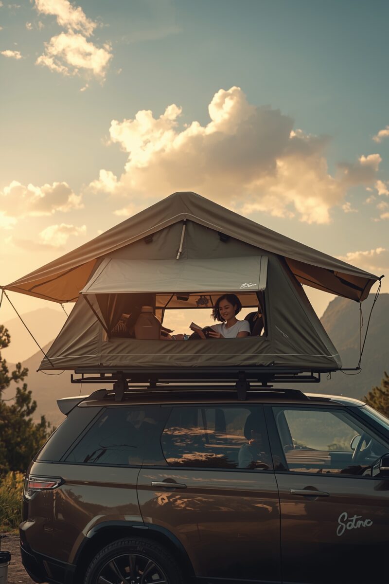 Woman reading a book inside a rooftop tent mounted on a brown SUV with mountain sunset backdrop
