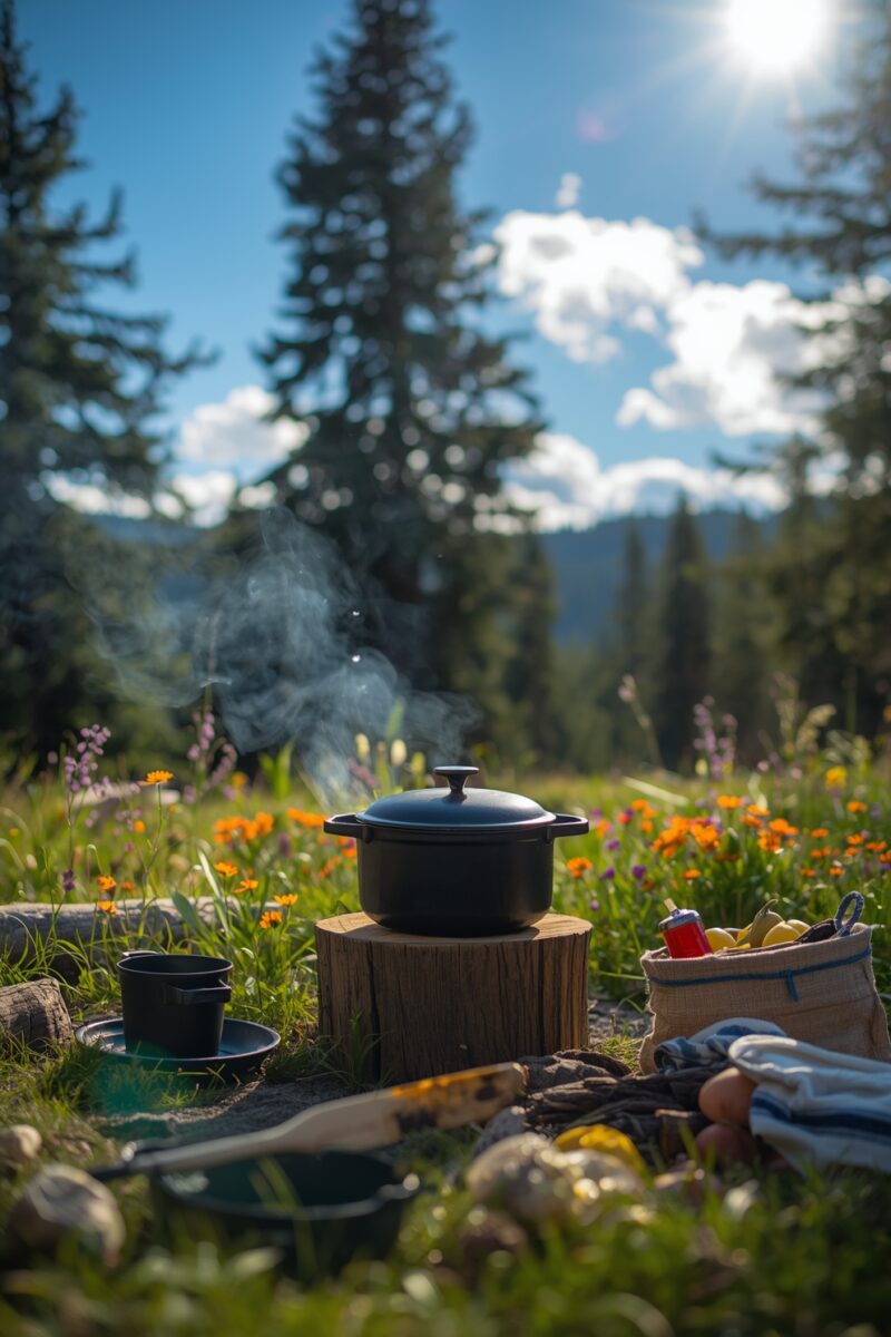 Steaming cast iron Dutch oven on wooden stump in wildflower meadow with pine trees and sunny sky