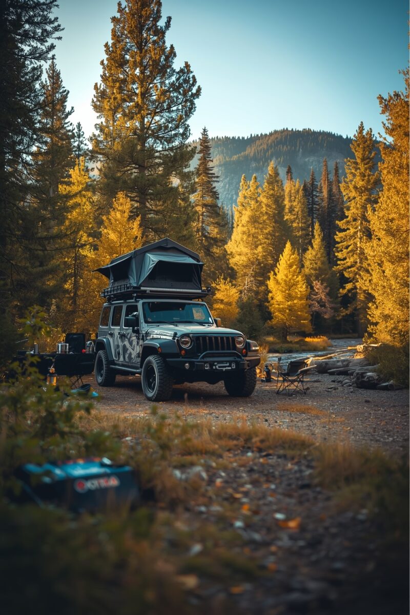 Gray Jeep Wrangler with rooftop tent parked at autumn forest campsite near mountain river with golden trees