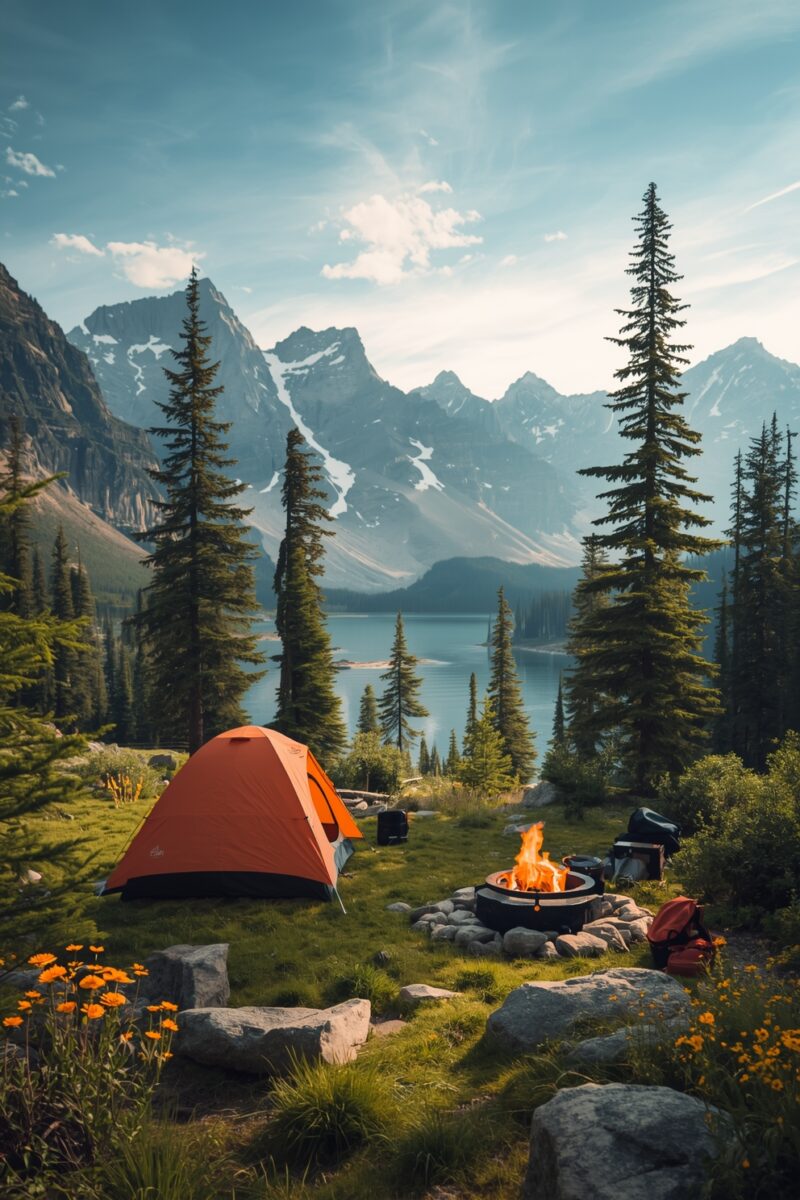 Orange camping tent beside a fire pit with snow-capped mountains and a blue alpine lake in the background