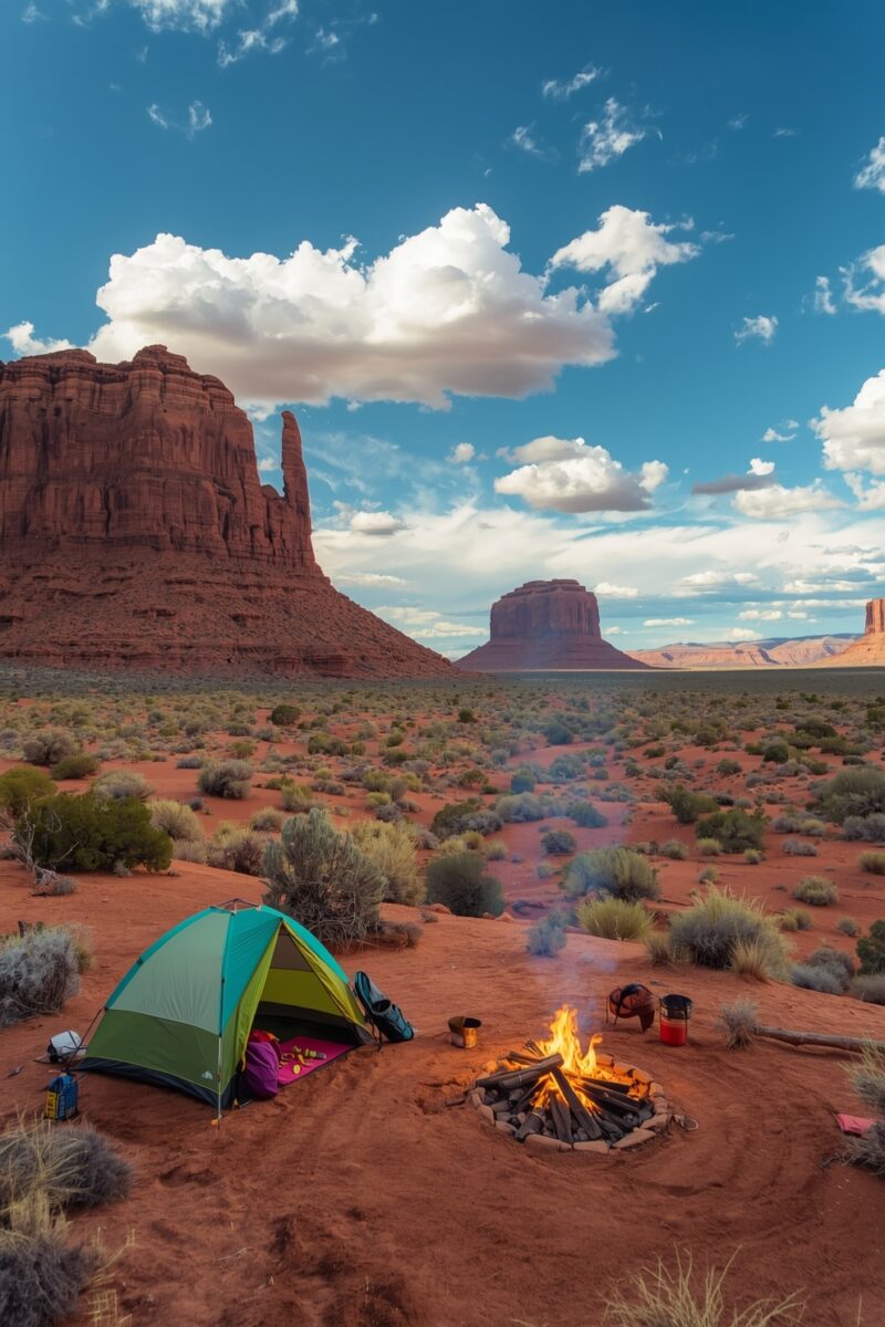 Green camping tent and campfire with stone ring in Monument Valley desert with red rock buttes