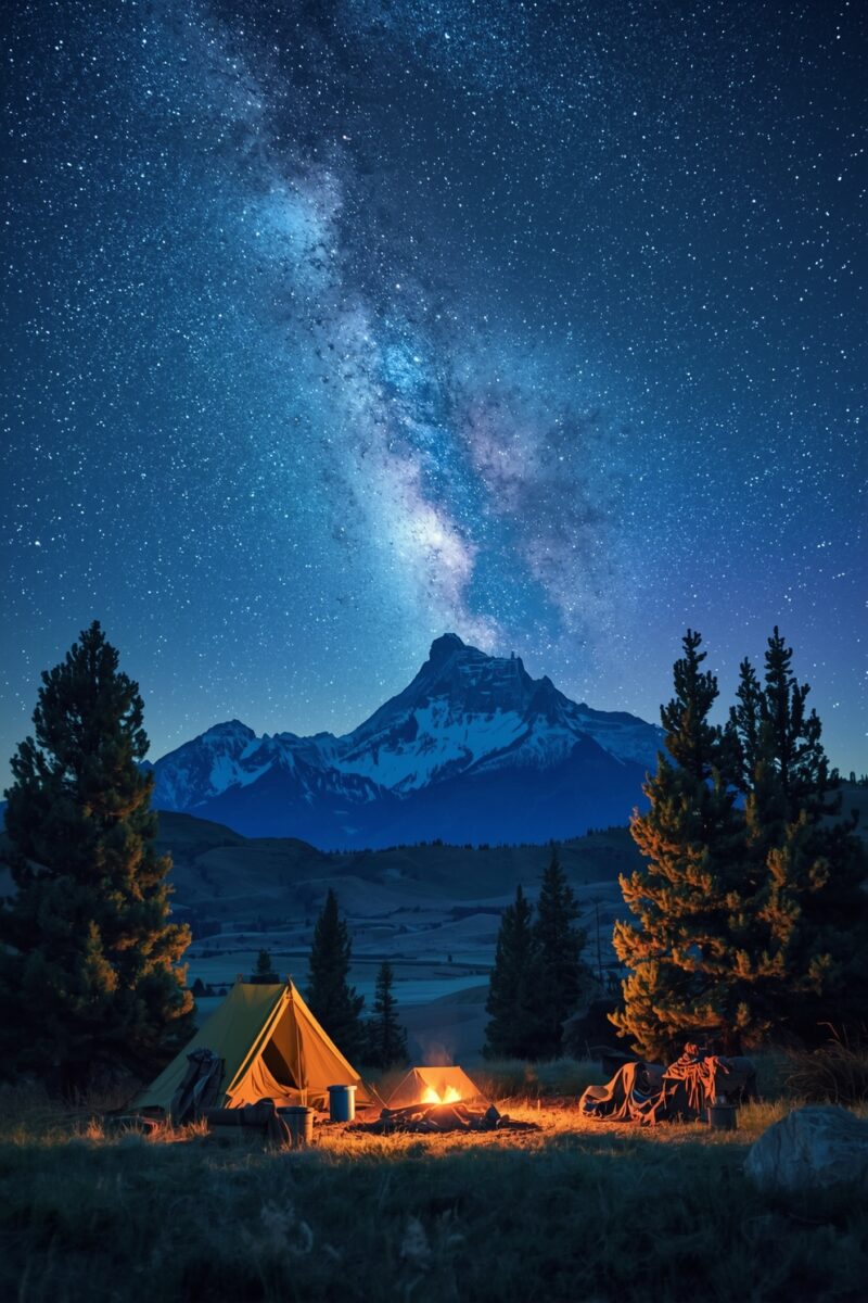 Glowing campfire and tent under the Milky Way galaxy with snow-capped mountain and pine trees at night