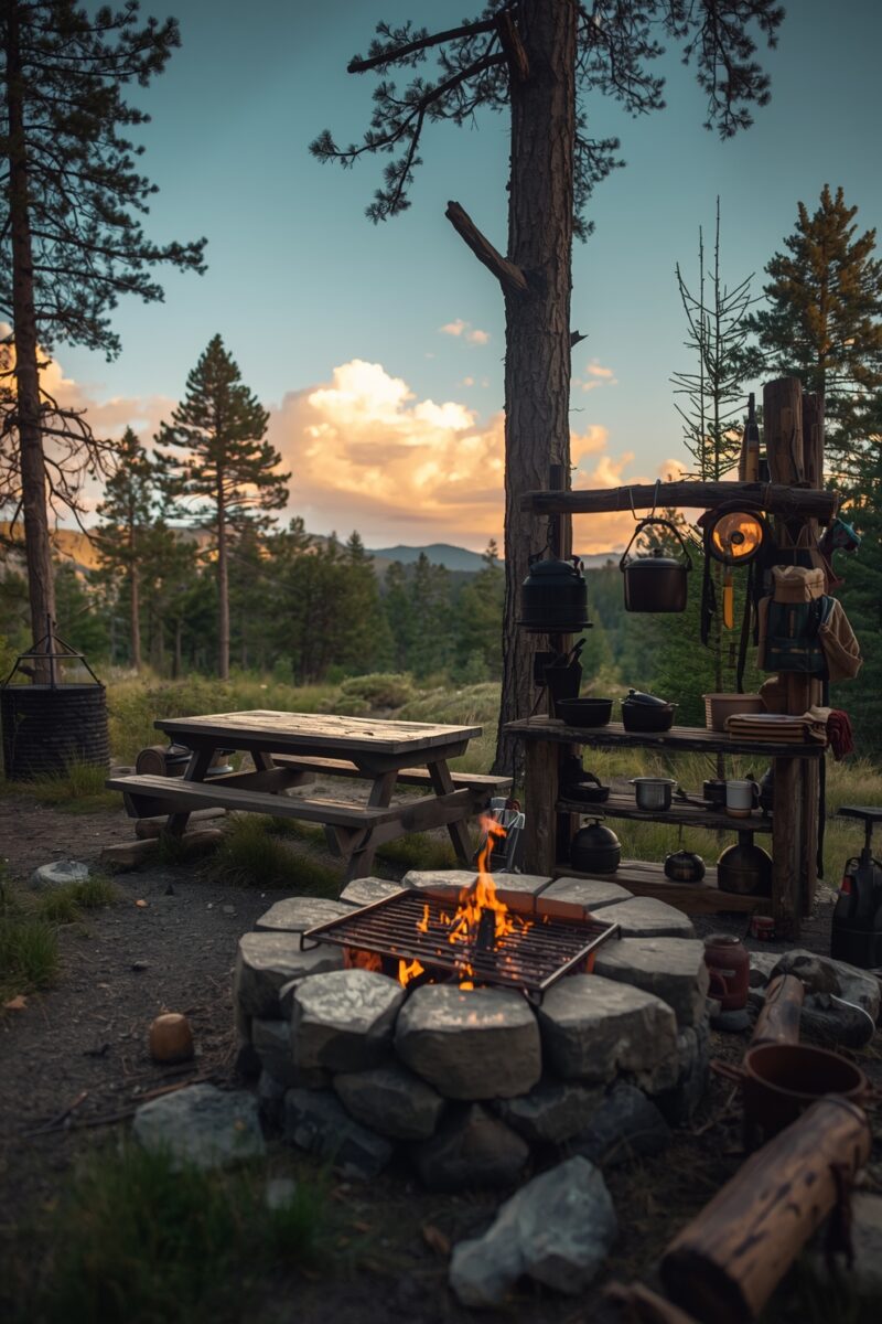 Rustic campsite at dusk with stone fire pit, grill, picnic table, and cooking gear among pine trees