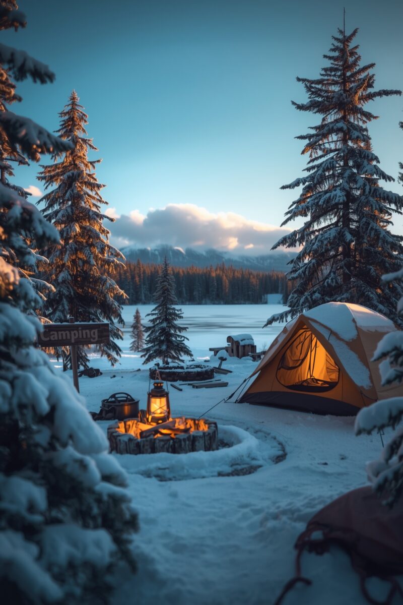 Orange tent glowing at snowy winter campsite with campfire, lantern, and snow-covered pine trees by frozen lake