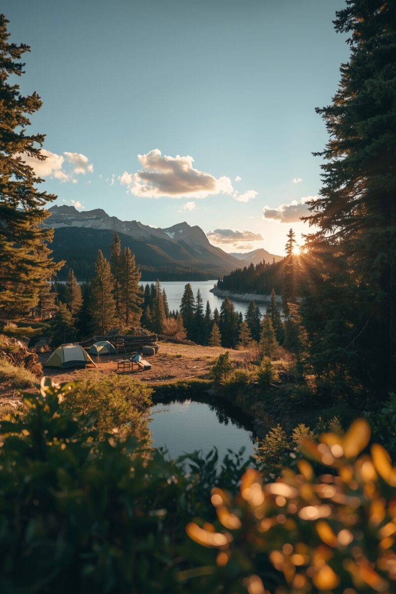 Campsite with tents near a mountain lake surrounded by pine trees at golden sunset