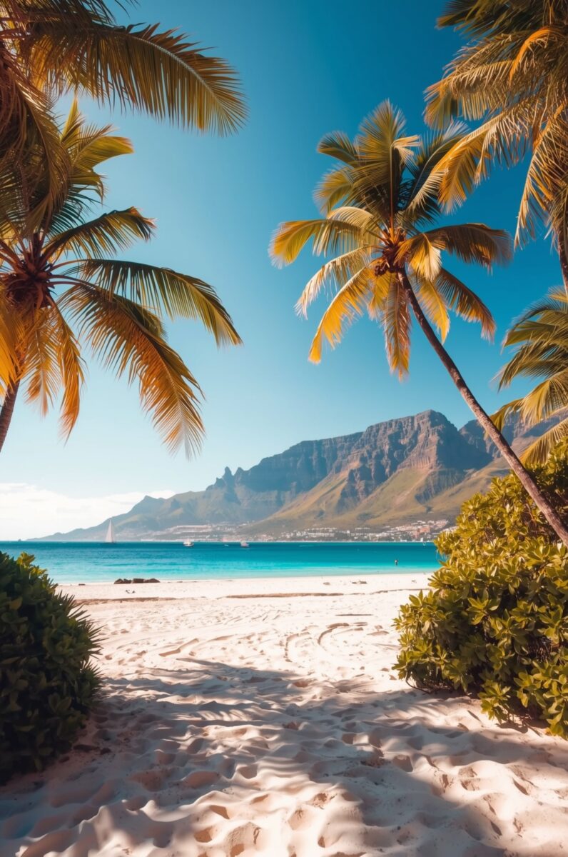 Tropical beach with palm trees, white sand, turquoise ocean, and Table Mountain backdrop in Cape Town