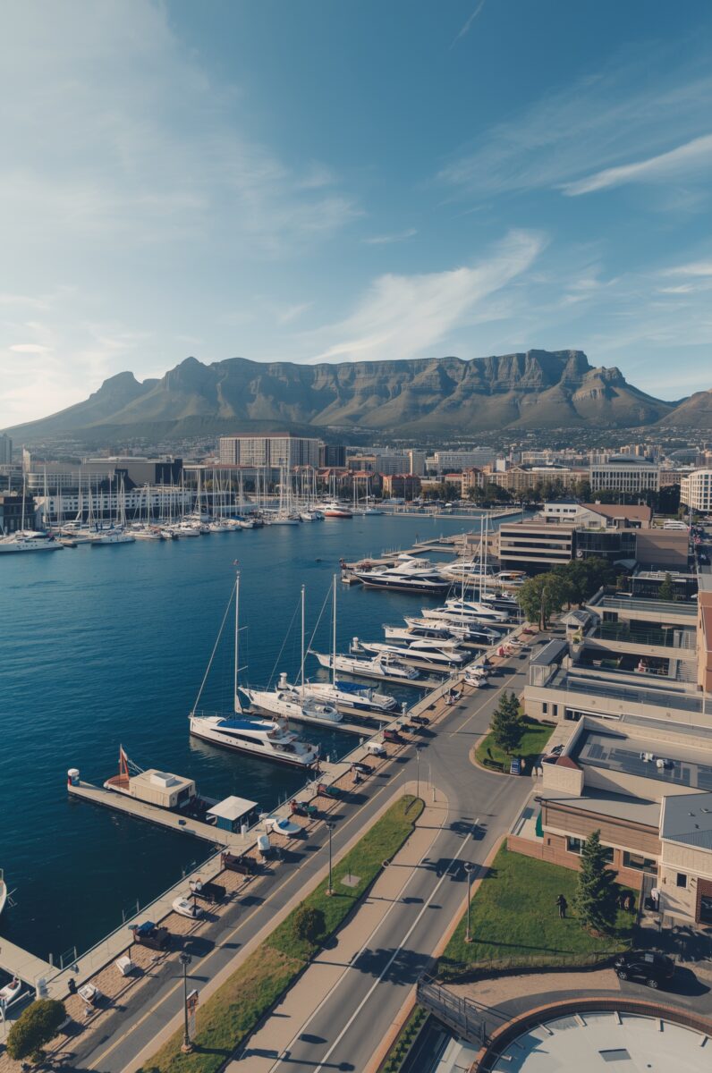 Aerial view of Cape Town V&A Waterfront marina with yachts, city skyline, and iconic Table Mountain backdrop