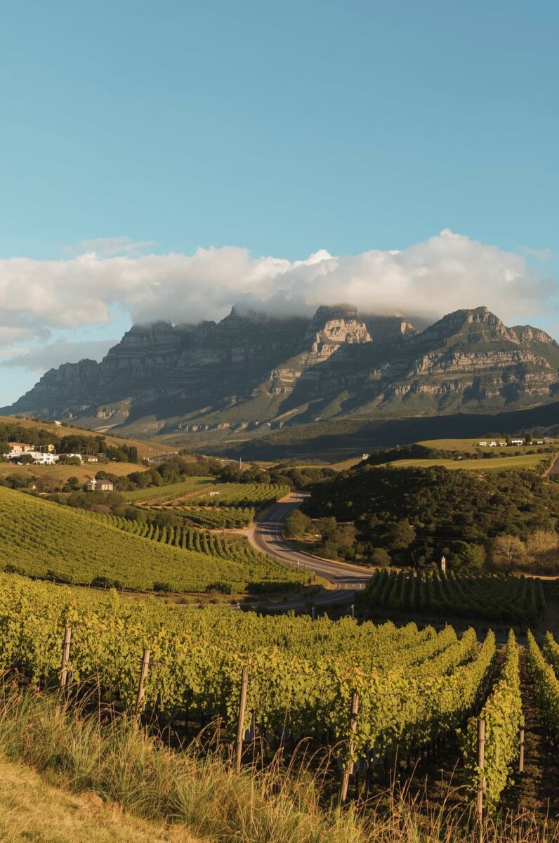 Lush vineyard rows in South Africa's Cape Winelands with a dramatic flat-topped mountain and clouds in background