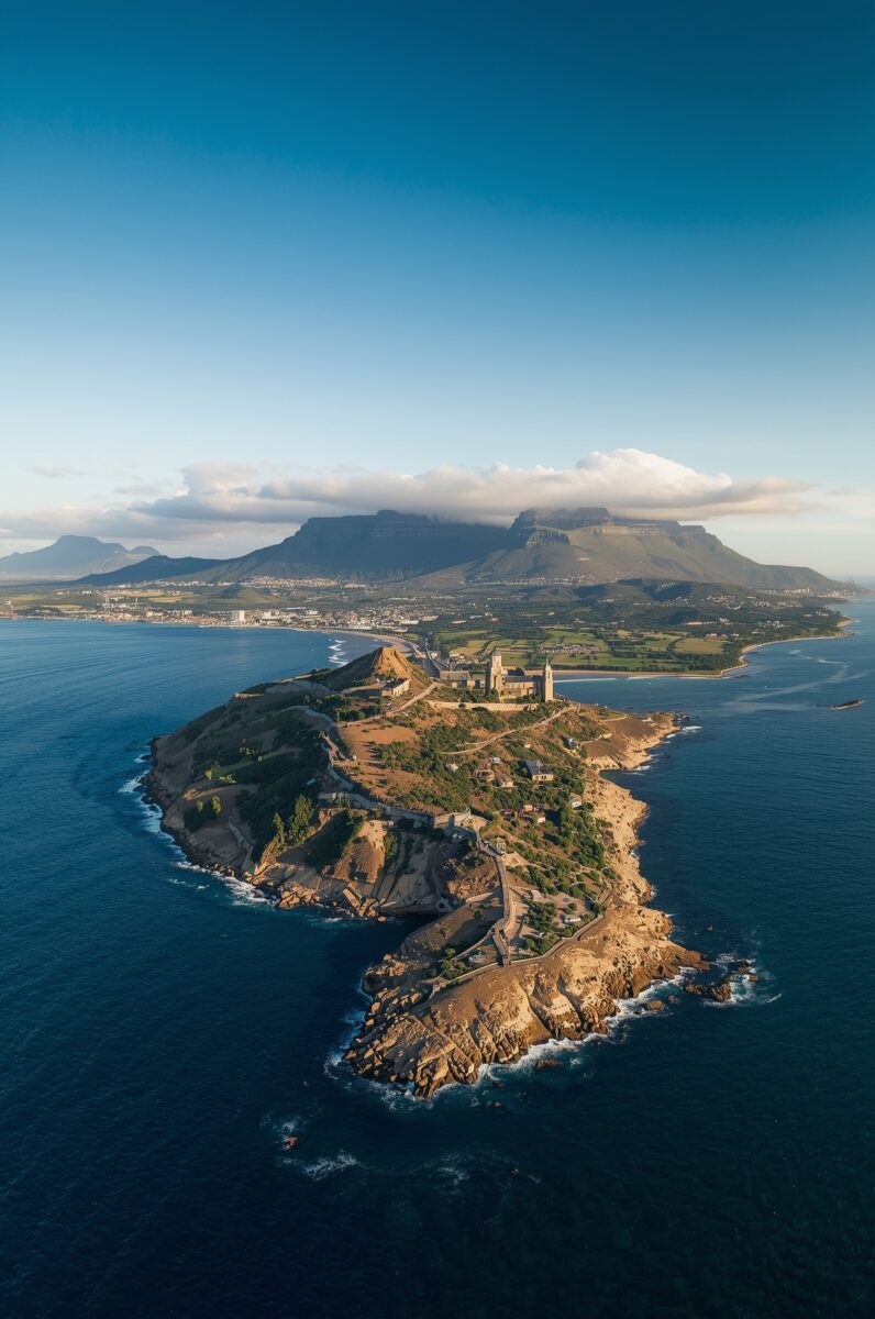 Aerial view of rocky coastal peninsula with buildings and winding roads, Table Mountain visible in background, Cape Town