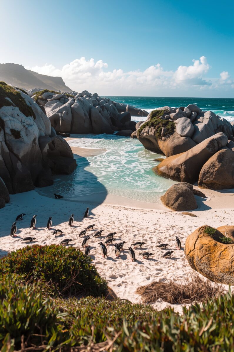African penguins on white sand beach surrounded by granite boulders with turquoise ocean water, South Africa