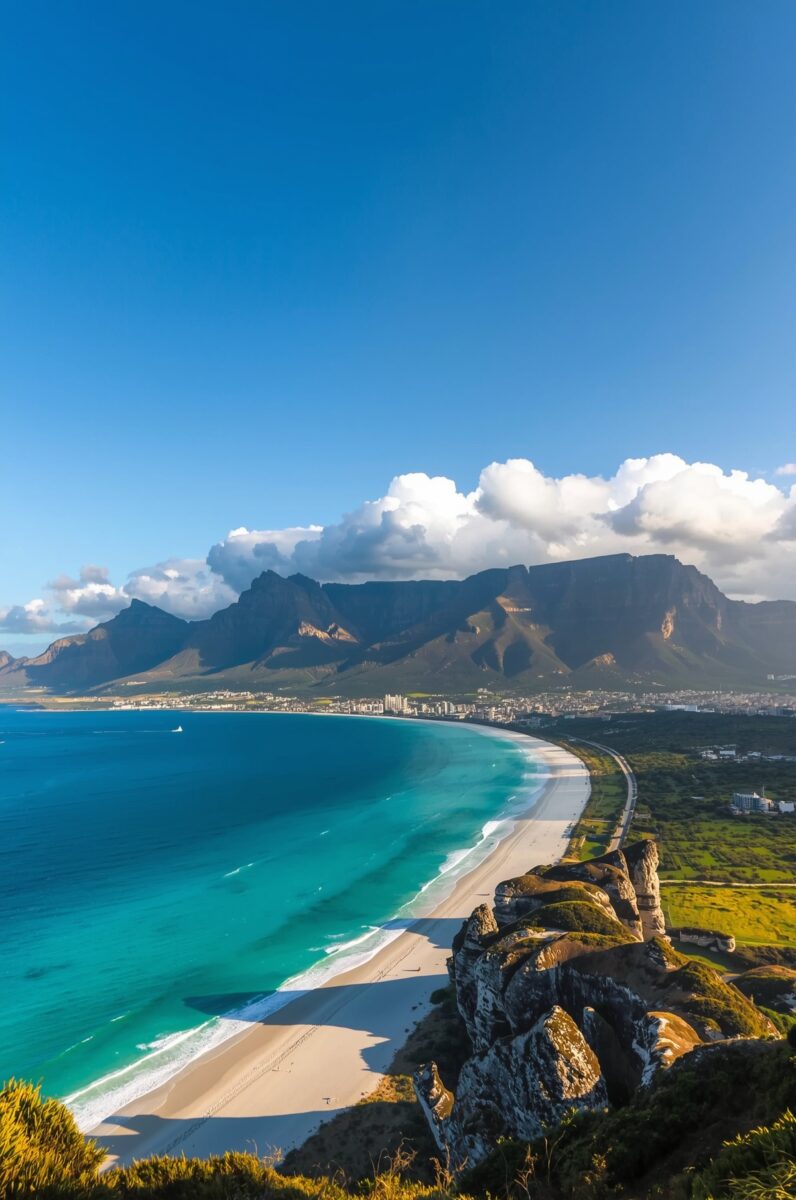 Aerial view of Cape Town coastline with turquoise ocean, white sandy beach, and Table Mountain backdrop