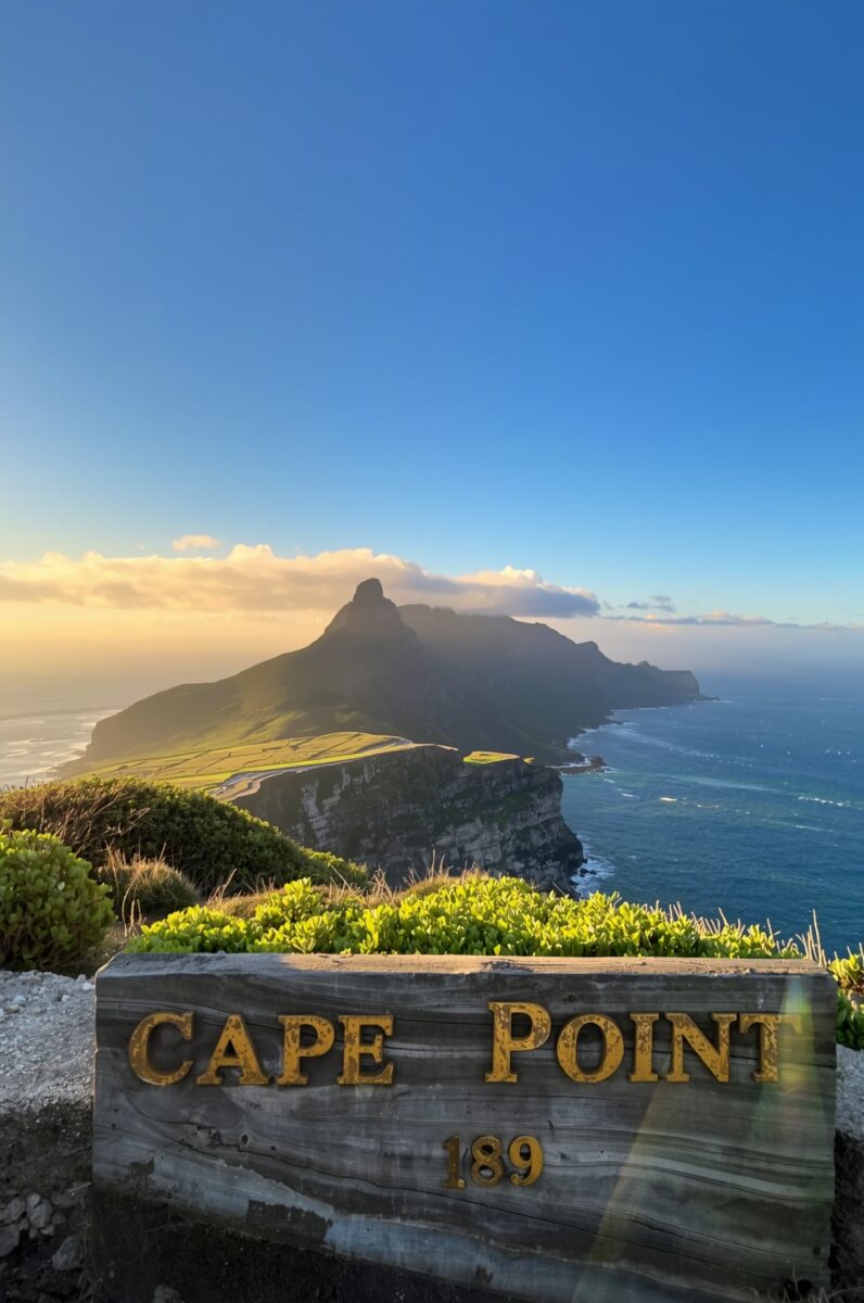 Cape Point wooden sign at 189m elevation with dramatic coastal cliffs and turquoise ocean in South Africa
