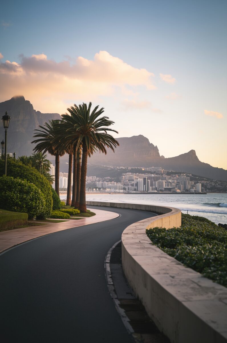 Winding coastal road lined with palm trees at golden hour, with city skyline and Table Mountain in background