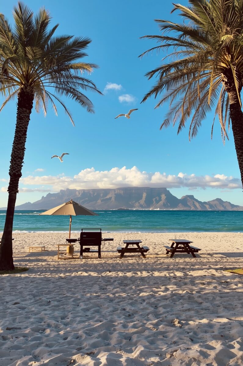 White sandy beach with palm trees, BBQ grill, picnic tables, and Table Mountain Cape Town in background