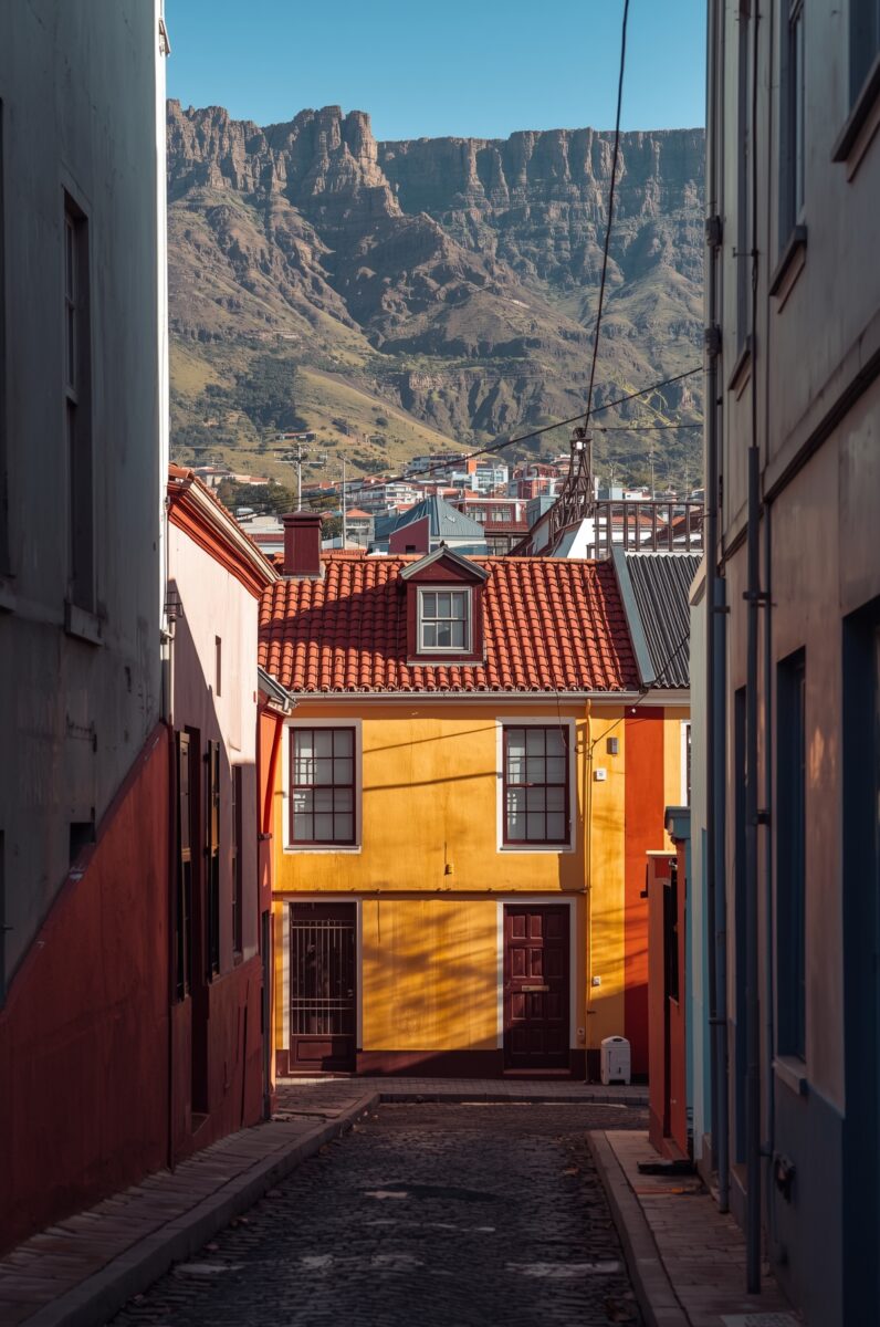 Narrow cobblestone alley in Bo-Kaap Cape Town with colorful yellow and red buildings and Table Mountain backdrop