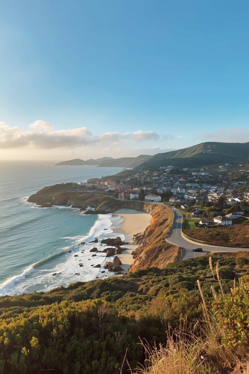 Aerial view of a coastal town with sandy beach, rocky cliffs, winding road, and green hills under blue sky