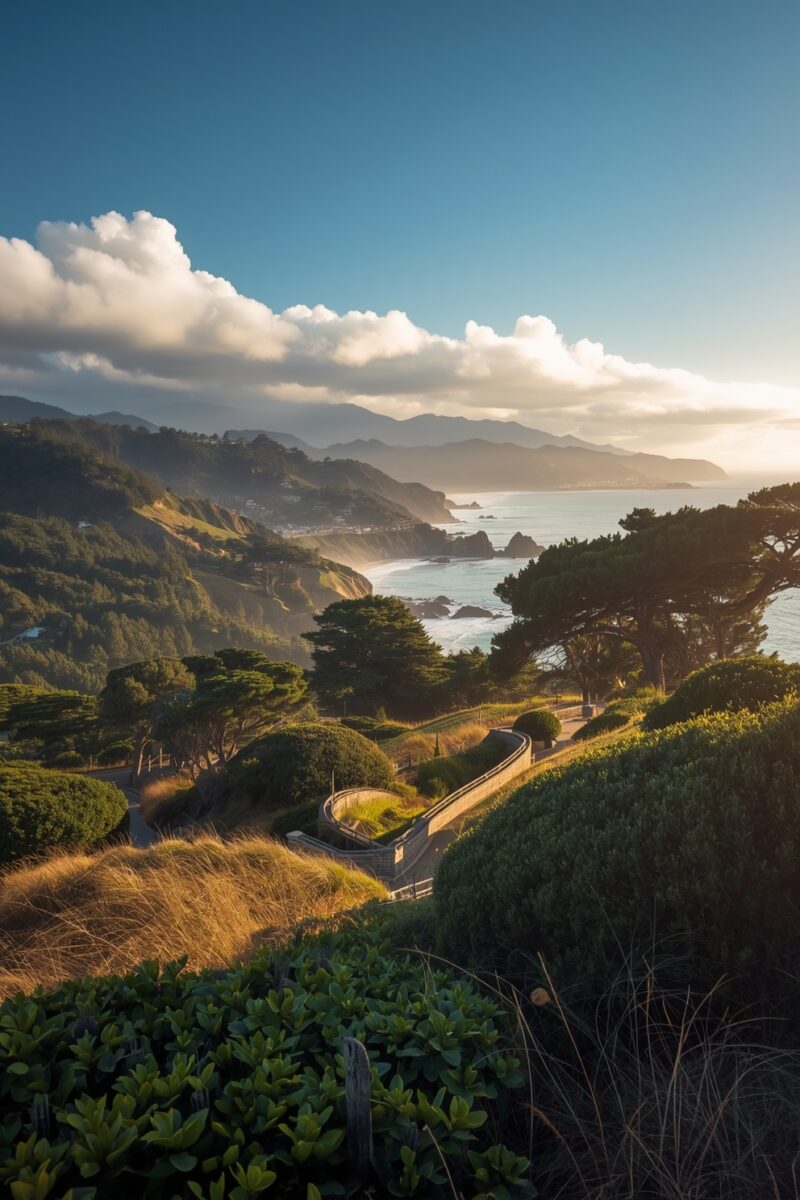 Scenic coastal hillside with winding road, cypress trees, golden grass, and ocean views under golden hour light