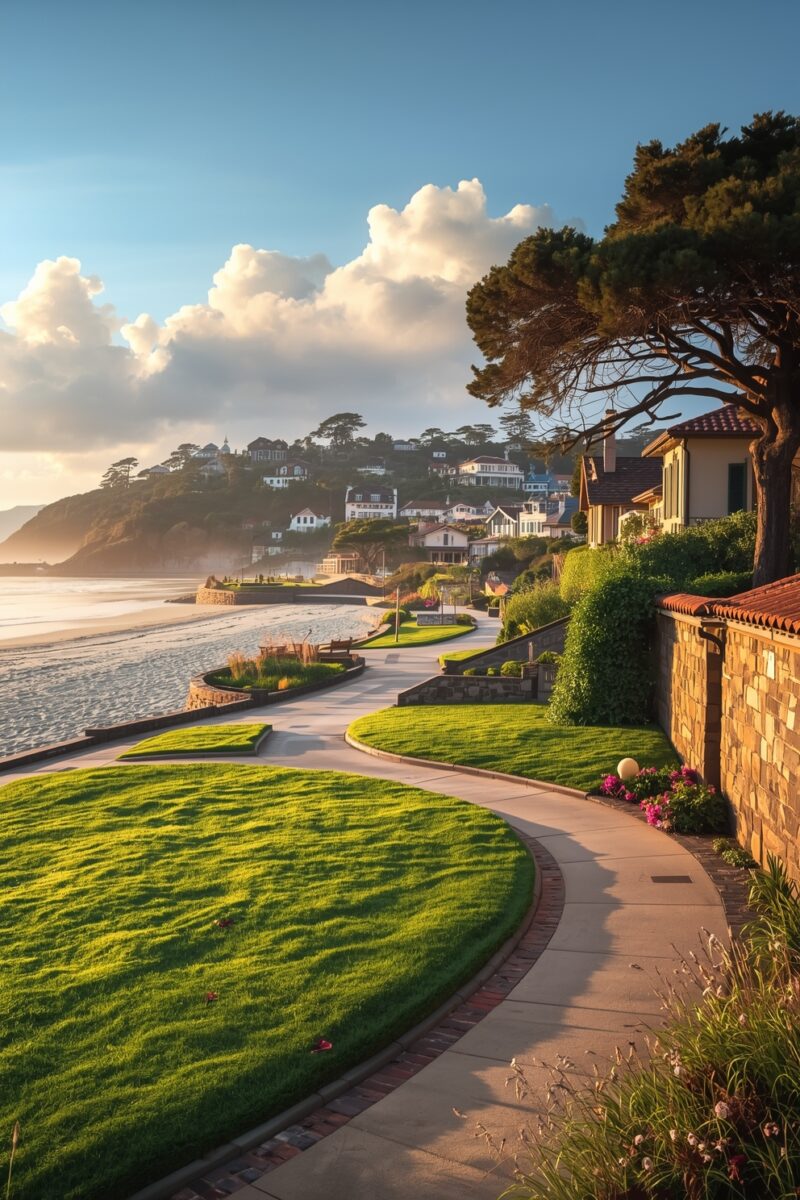 Scenic coastal walkway with lush green lawn, stone wall, and hillside homes overlooking sandy beach at golden hour