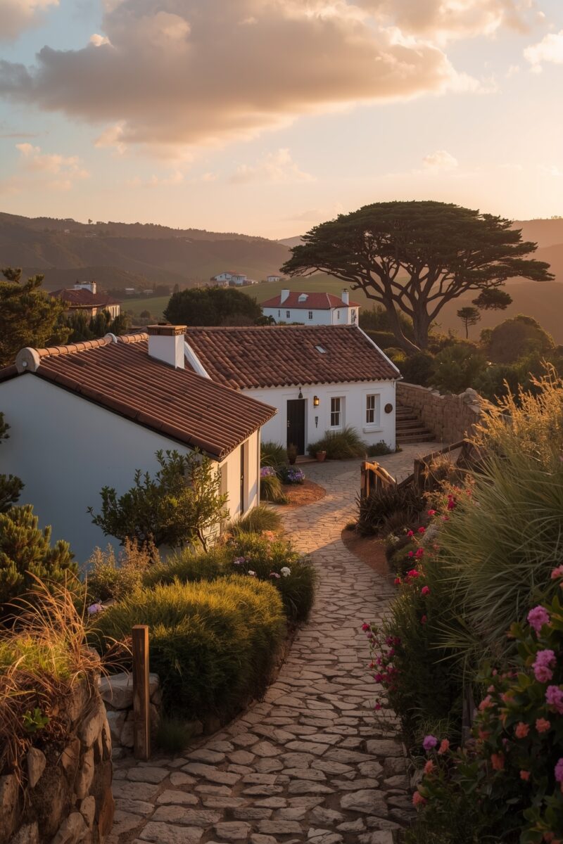 White Mediterranean cottage with terracotta roof and stone cobblestone pathway surrounded by colorful gardens at golden sunset