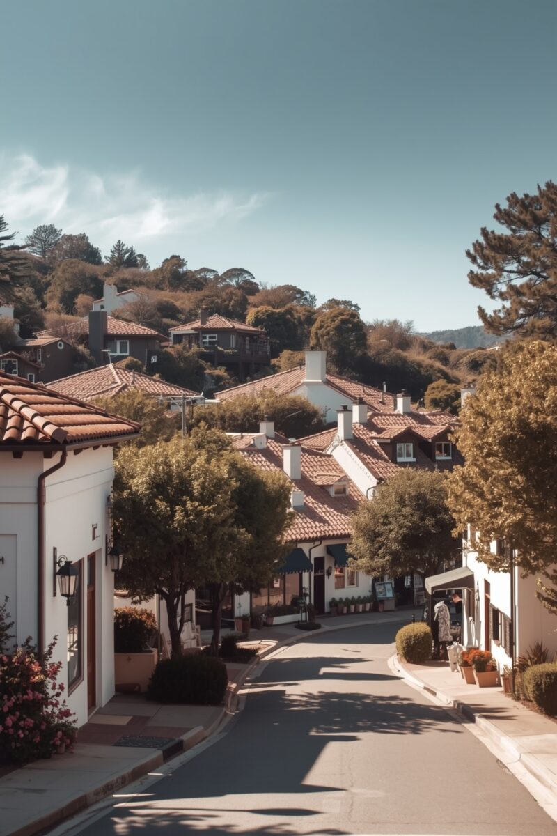 Charming Mediterranean-style street with white stucco buildings, terracotta roofs, and tree-lined road on a sunny day