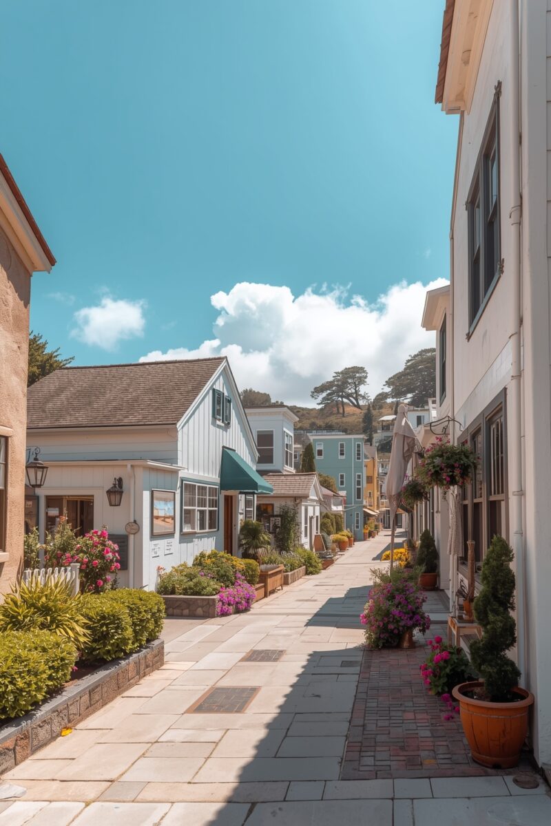 Charming pedestrian alley lined with colorful flower pots, quaint shops, and white clapboard buildings under a blue sky